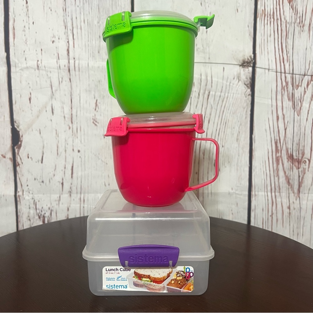 Sistema Food Storage containers. 2 soup 19 oz cups and 1 lunch cube